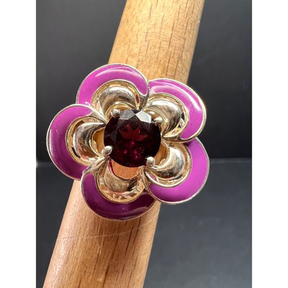 Ross Simons garnet and enamel flower sterling silver ring size 5 - Picture 13 of 16